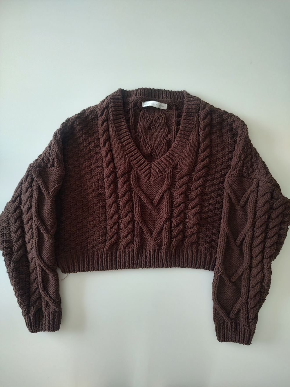 Altar'd State Chocolate Brown Cable Knit V-Neck Sweater Size XS